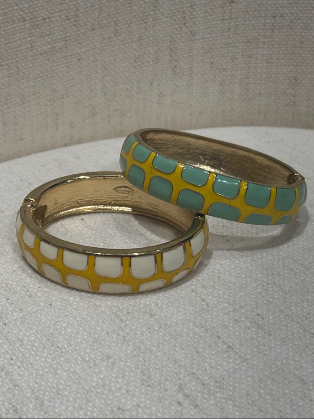 Gold-Tone Yellow & White OR Yellow & Aqua Enamel Grid Hinged Bracelets-Choose 1